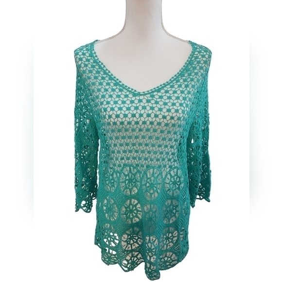 Blue Island Women's Teal Lace Crochet Beach Coverup or Shirt Large / X-Large - Picture 2 of 9